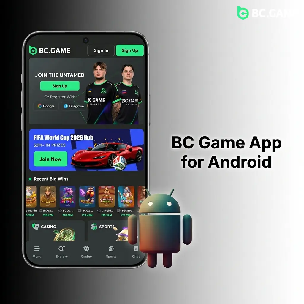 BC Game Android app APK download screen showing sports betting, live casino, slots and crypto payment options for Indian players