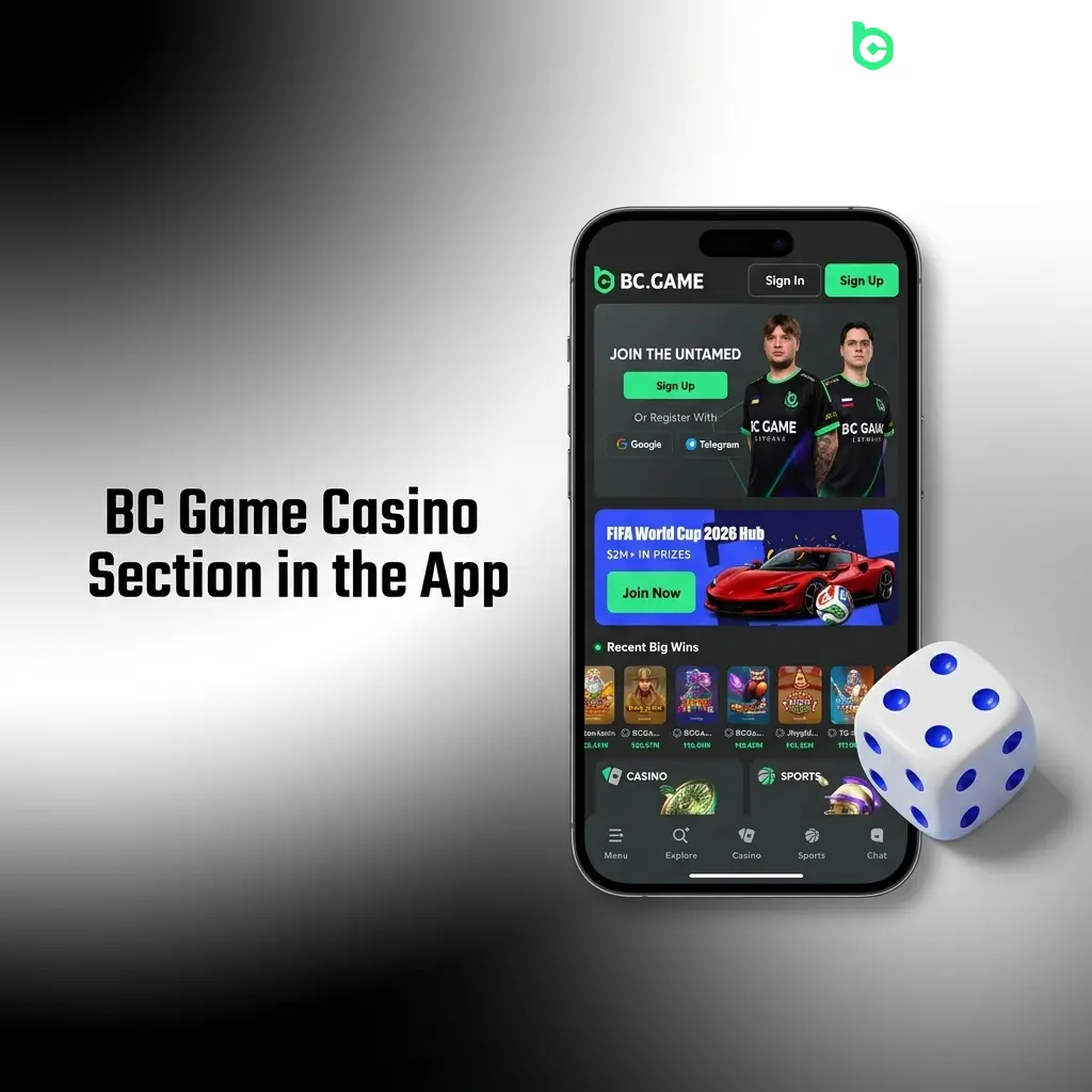 BC Game app casino section showing 8000+ titles across slots, live casino, crash games, and table game categories