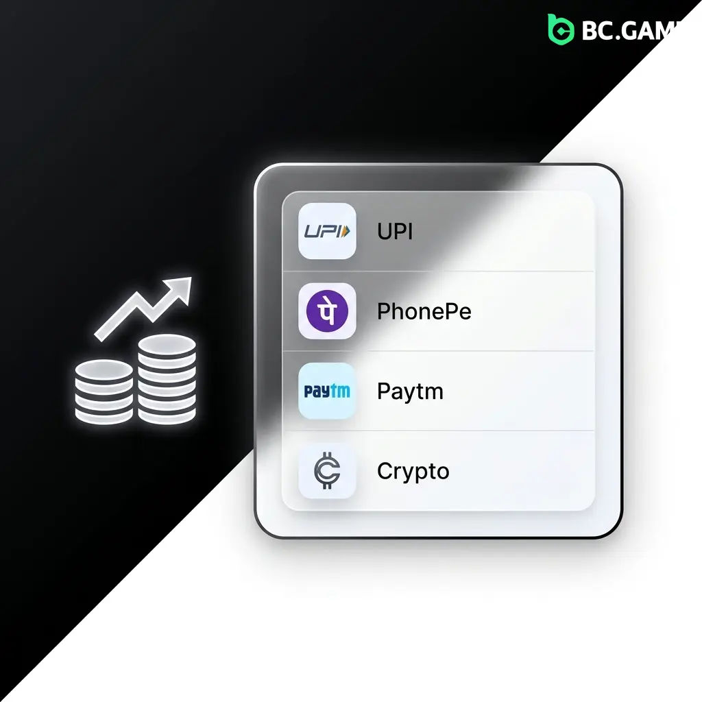 BC Game deposit methods for Indian players showing UPI, PhonePe, Paytm, and crypto options like BTC and ETH