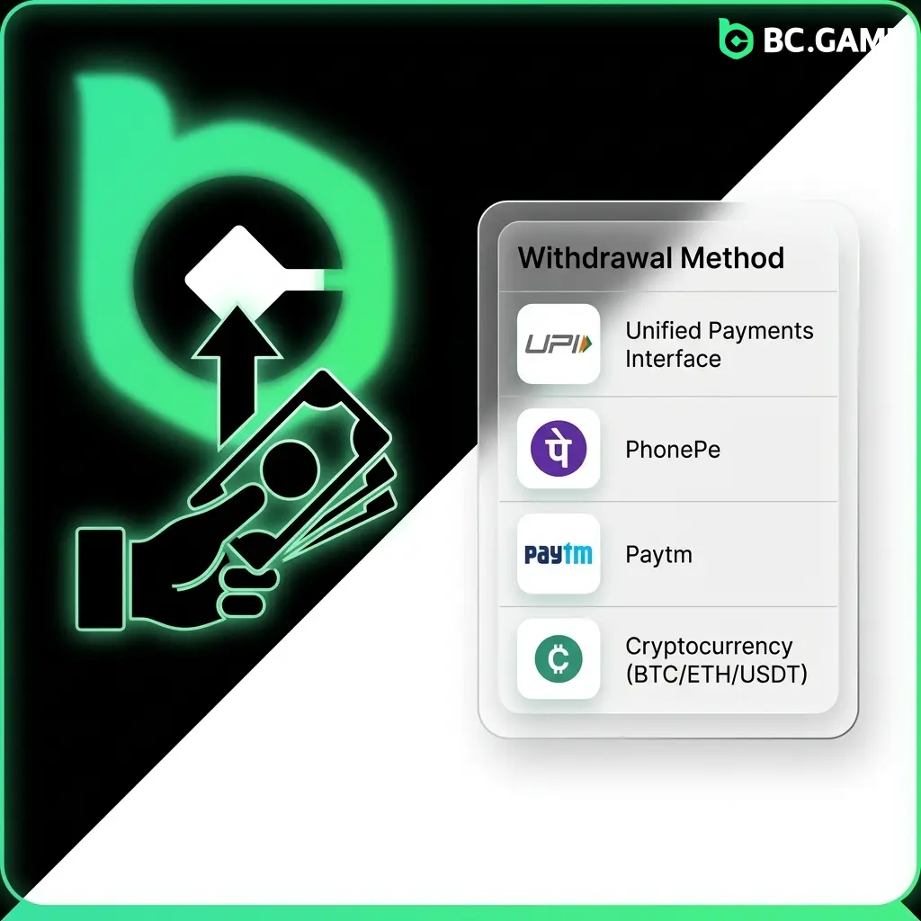 BC Game withdrawal methods for Indian players showing UPI, PhonePe, Paytm, and crypto options like BTC and ETH