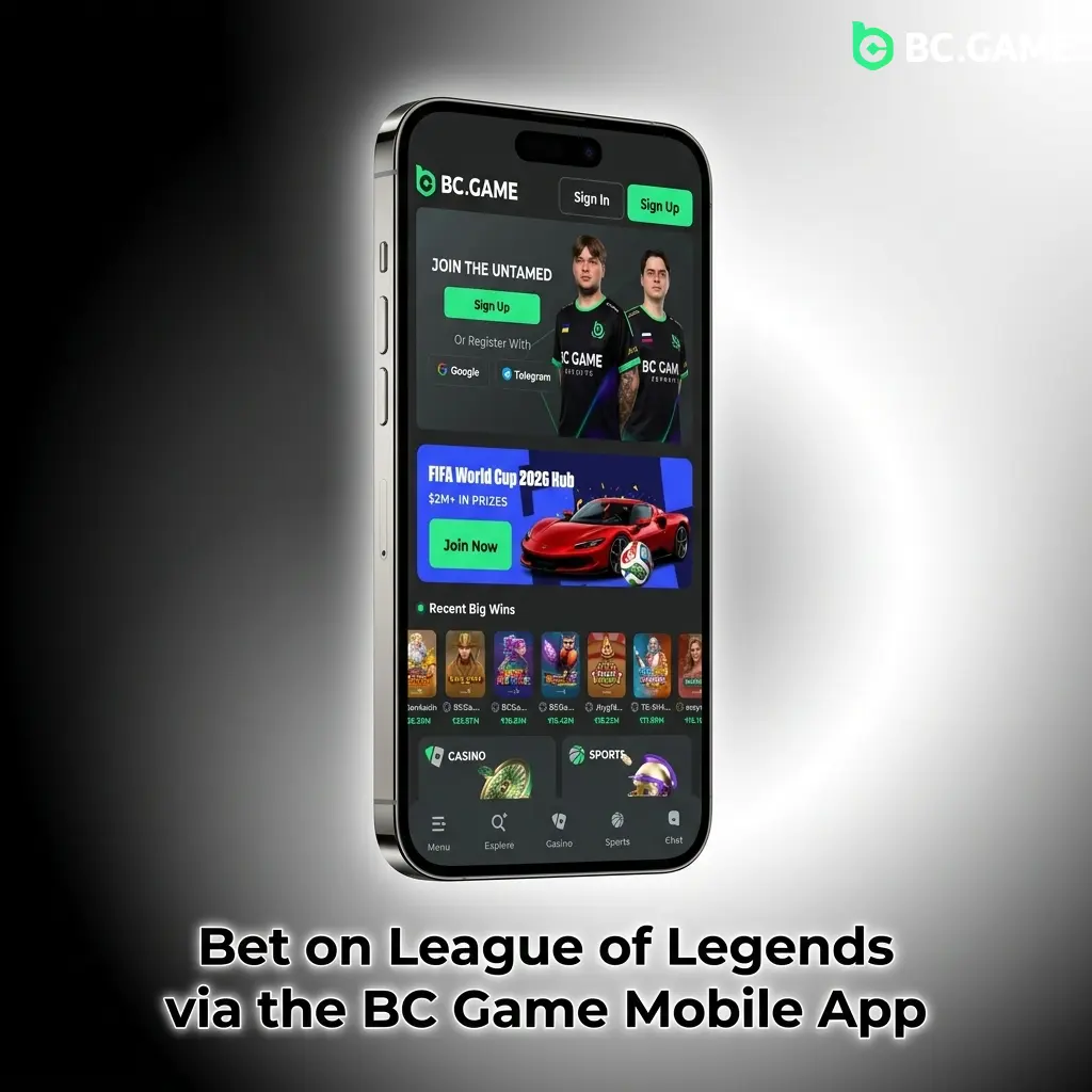 BC Game mobile app interface showing League of Legends esports betting markets on Android and iOS devices