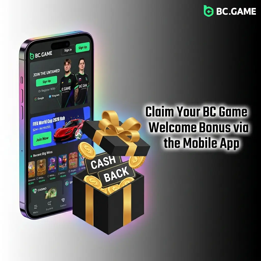 BC Game mobile app on Android and iOS showing welcome bonus claim steps in the Bonus Centre section