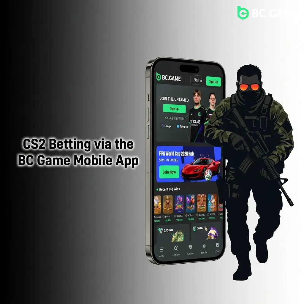 CS2 betting on BC Game mobile app showing download steps, esports section, and live match betting markets
