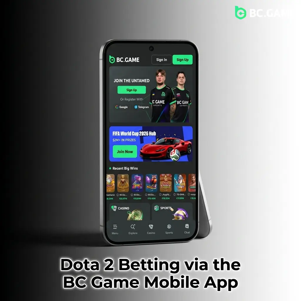 BC Game mobile app interface showing Dota 2 esports betting options on Android and iOS devices