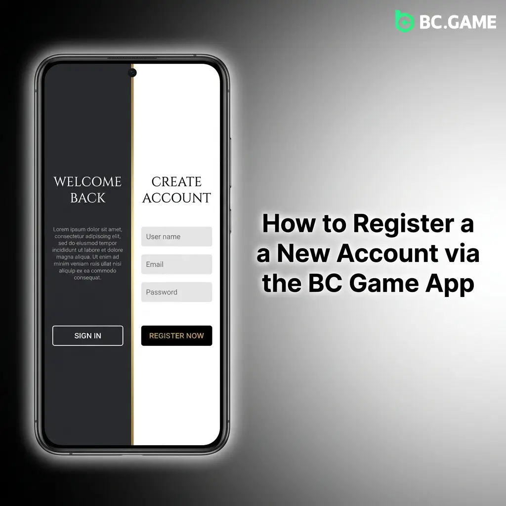 BC Game app registration screen showing Sign Up form with email, mobile, and social media options for new account creation