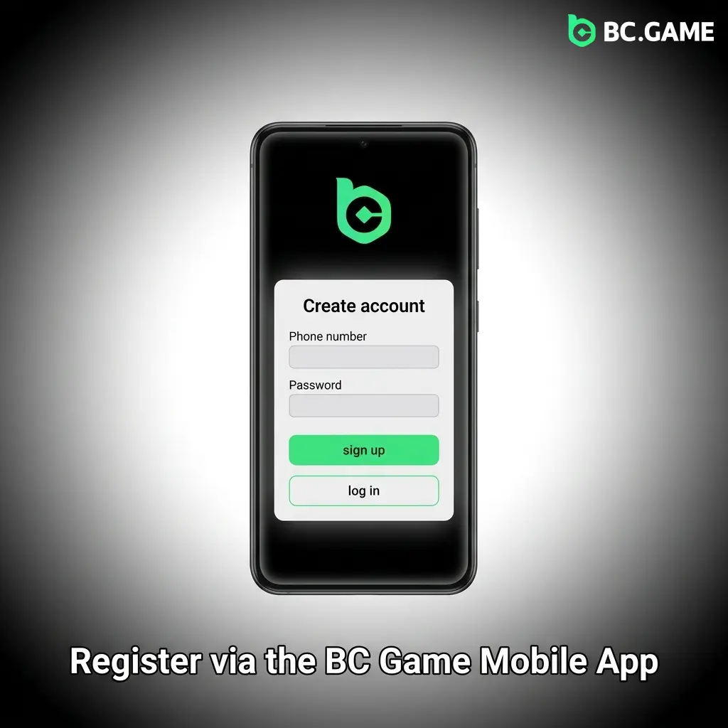 BC Game mobile app registration screen on Android and iOS with Sign Up button and account creation options