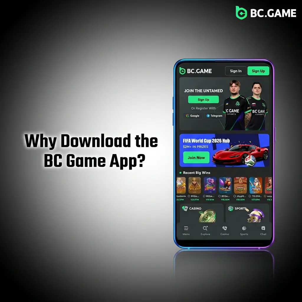 BC Game mobile app interface showing casino games, live cricket betting, UPI payments, and push notifications on Android and iOS